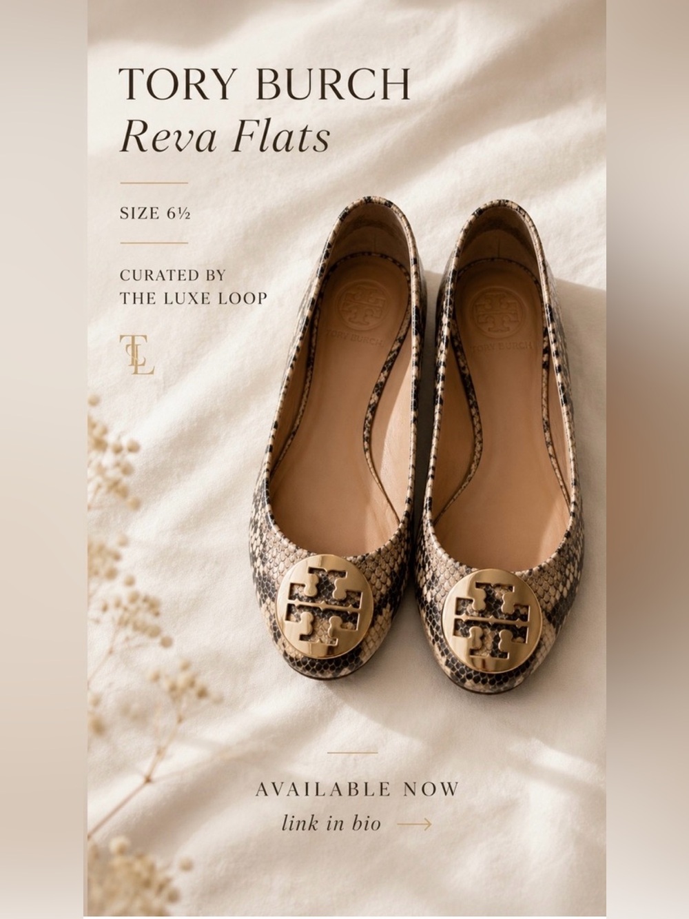 Tory Burch Snake-Print Reva Flats with Gold Logo